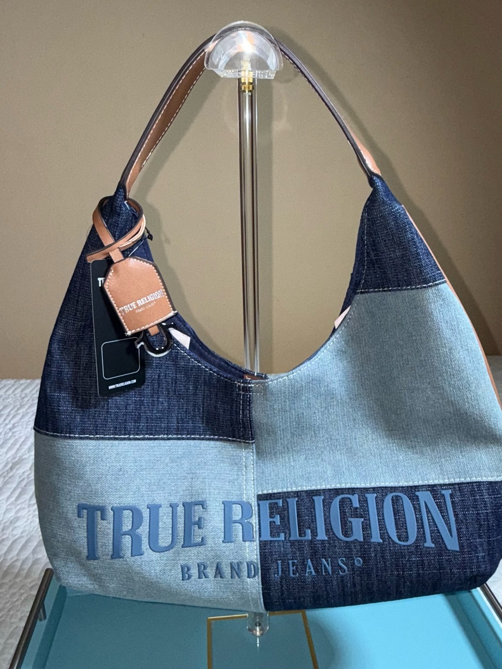 True Religion Two-Tone Denim Shoulder Bag with Tan Accents